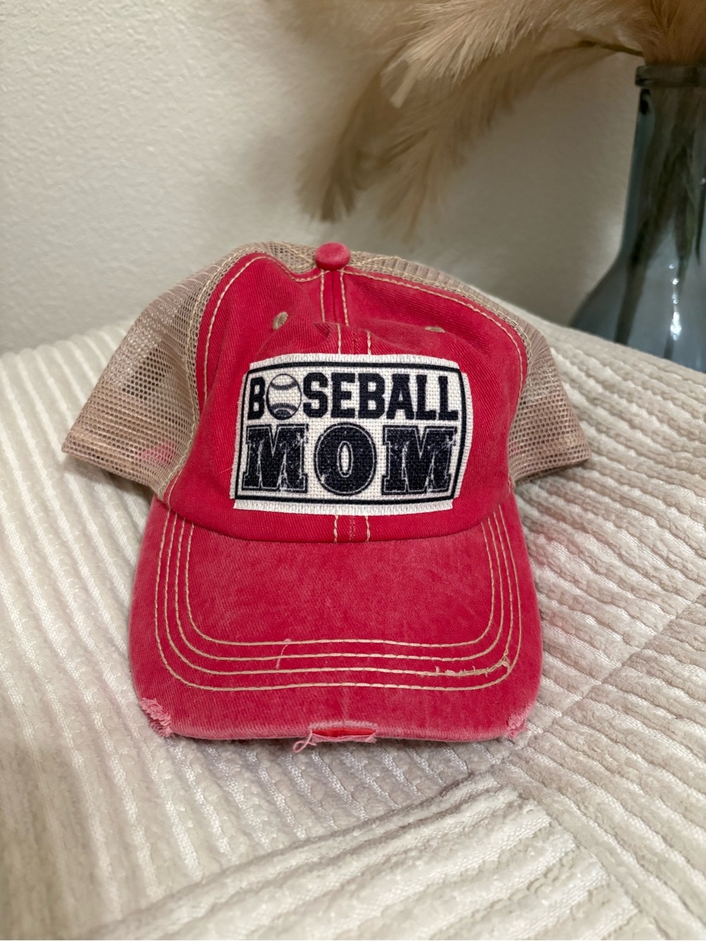 Red "Baseball Mom" Trucker Hat with Tan Mesh Back